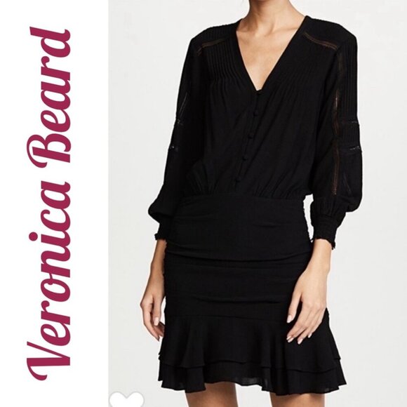 VERONICA BEARD SARASOTA DRESS LBD LONG SLEEVE RUCHED SKIRT MINI LACE TRIM SIZE 2 - Picture 5 of 15